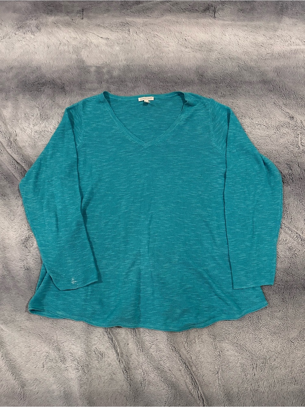 Eileen Fisher Teal V-Neck Long Sleeve Top Size 1X Linen Cotton Lightweight *read